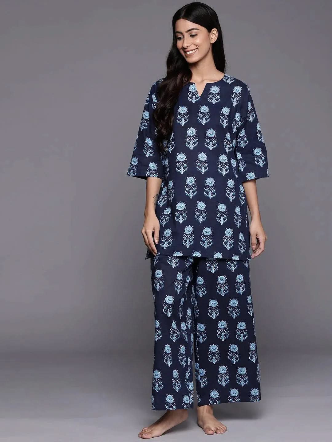 Navy Blue Printed Cotton Night Suit - Libas 