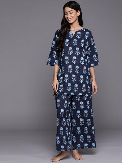 Navy Blue Printed Cotton Night Suit - Libas