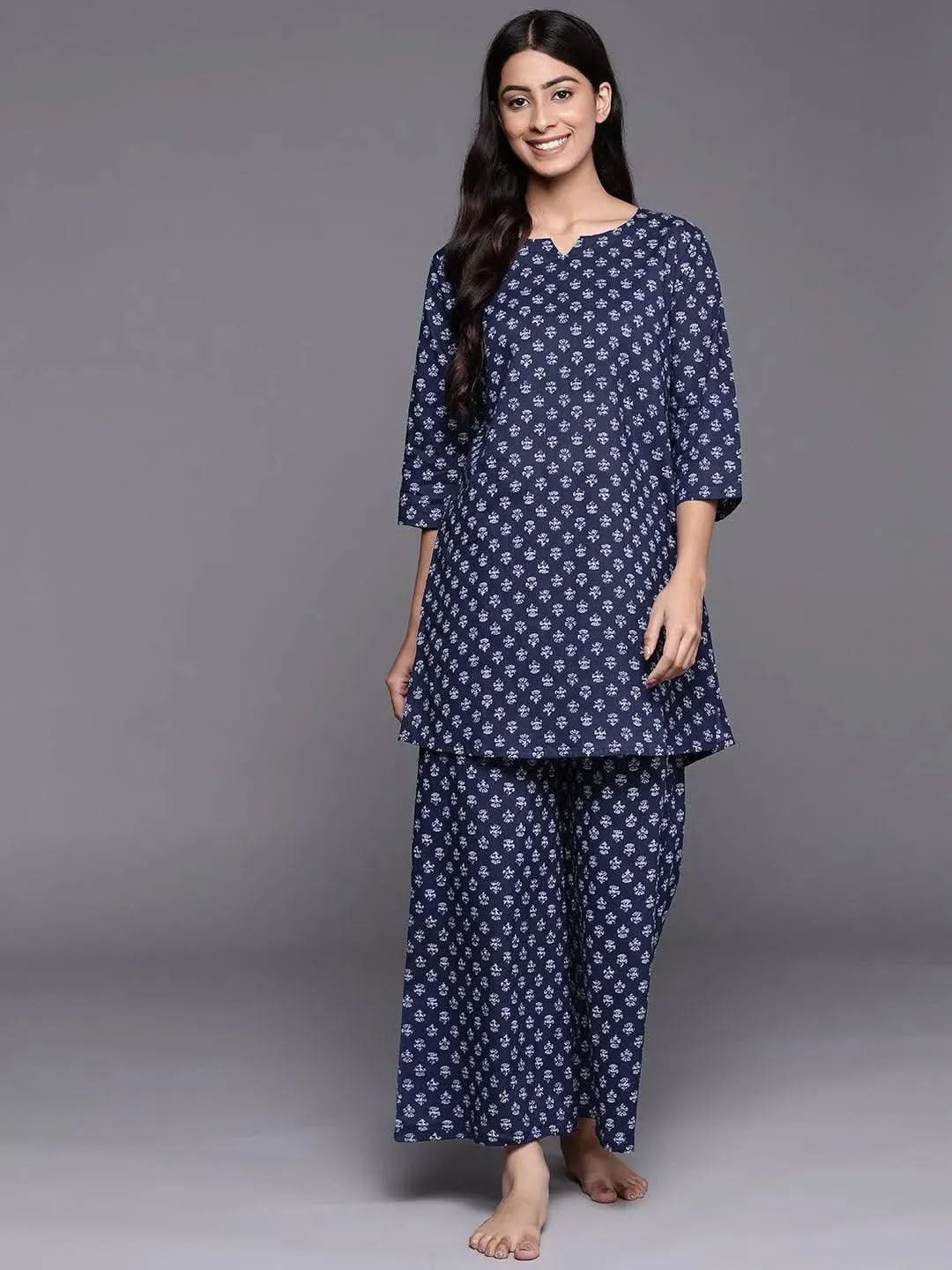 Navy Blue Printed Cotton Night Suit - Libas 