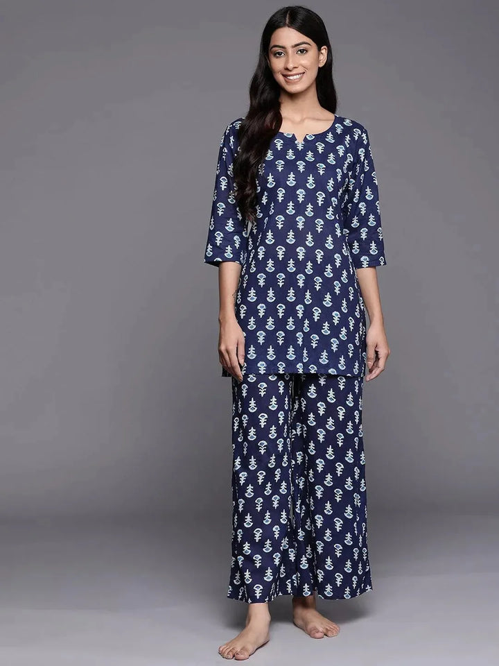 Navy Blue Printed Cotton Night Suit - Libas