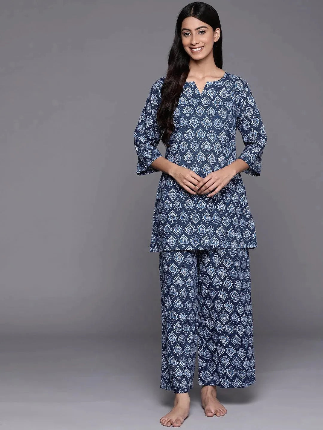 Navy Blue Printed Cotton Night Suit - Libas