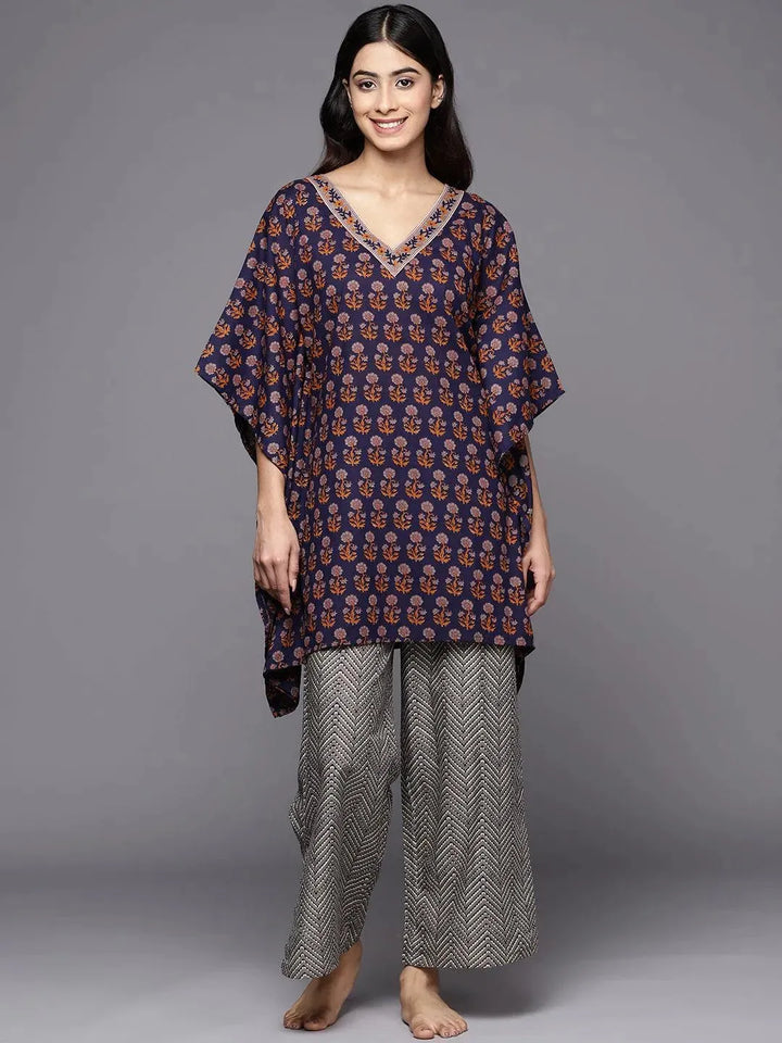 Navy Blue Printed Cotton Night Suit - Libas