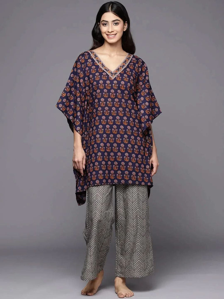 Gerua Navy Blue Printed Cotton Blend Night Suit