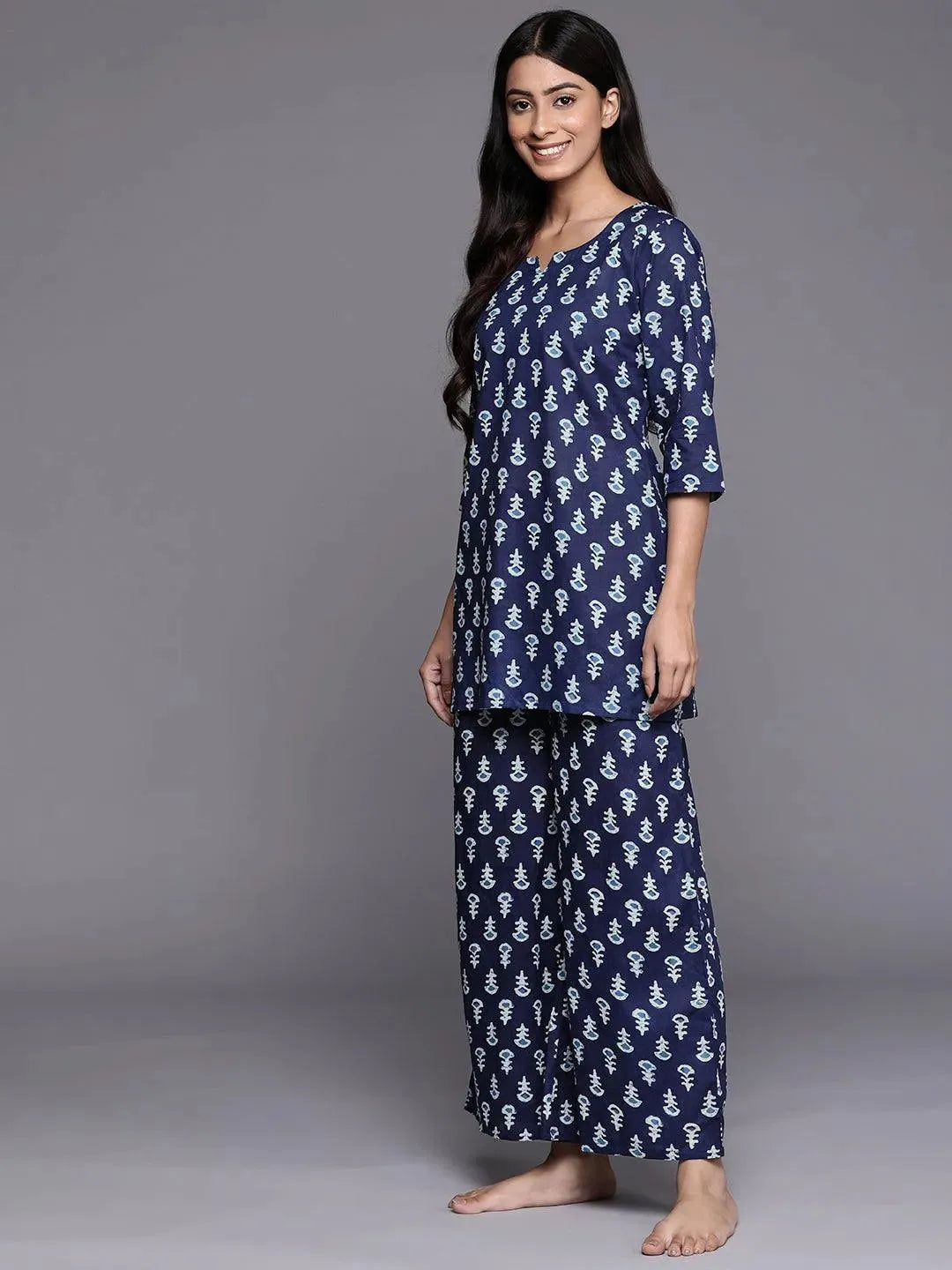 Navy Blue Printed Cotton Night Suit - Libas 