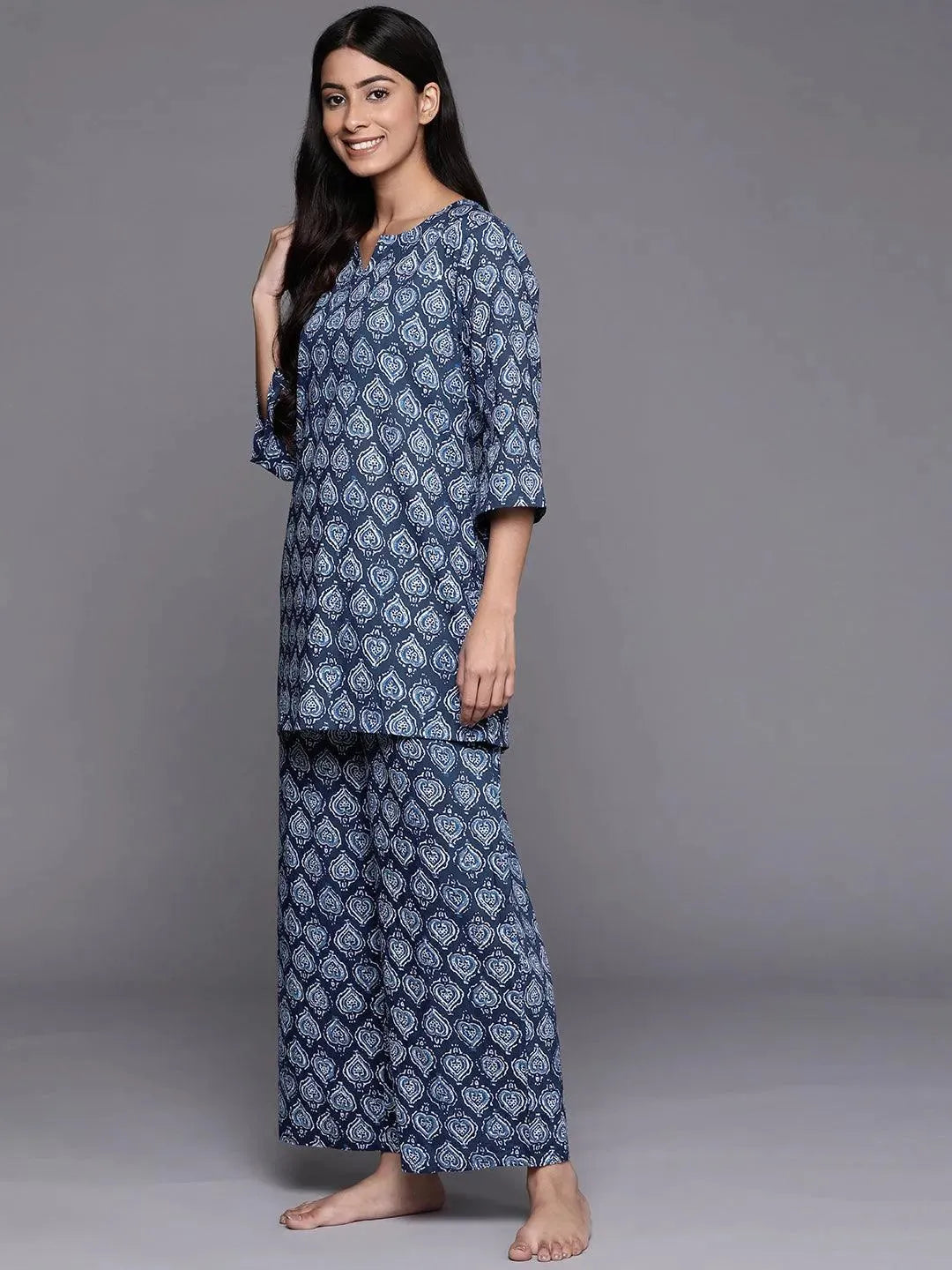 Navy Blue Printed Cotton Night Suit - Libas