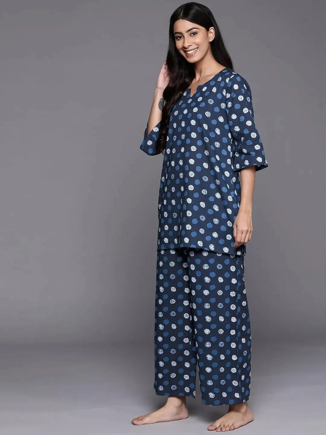 Navy Blue Printed Cotton Night Suit - Libas 