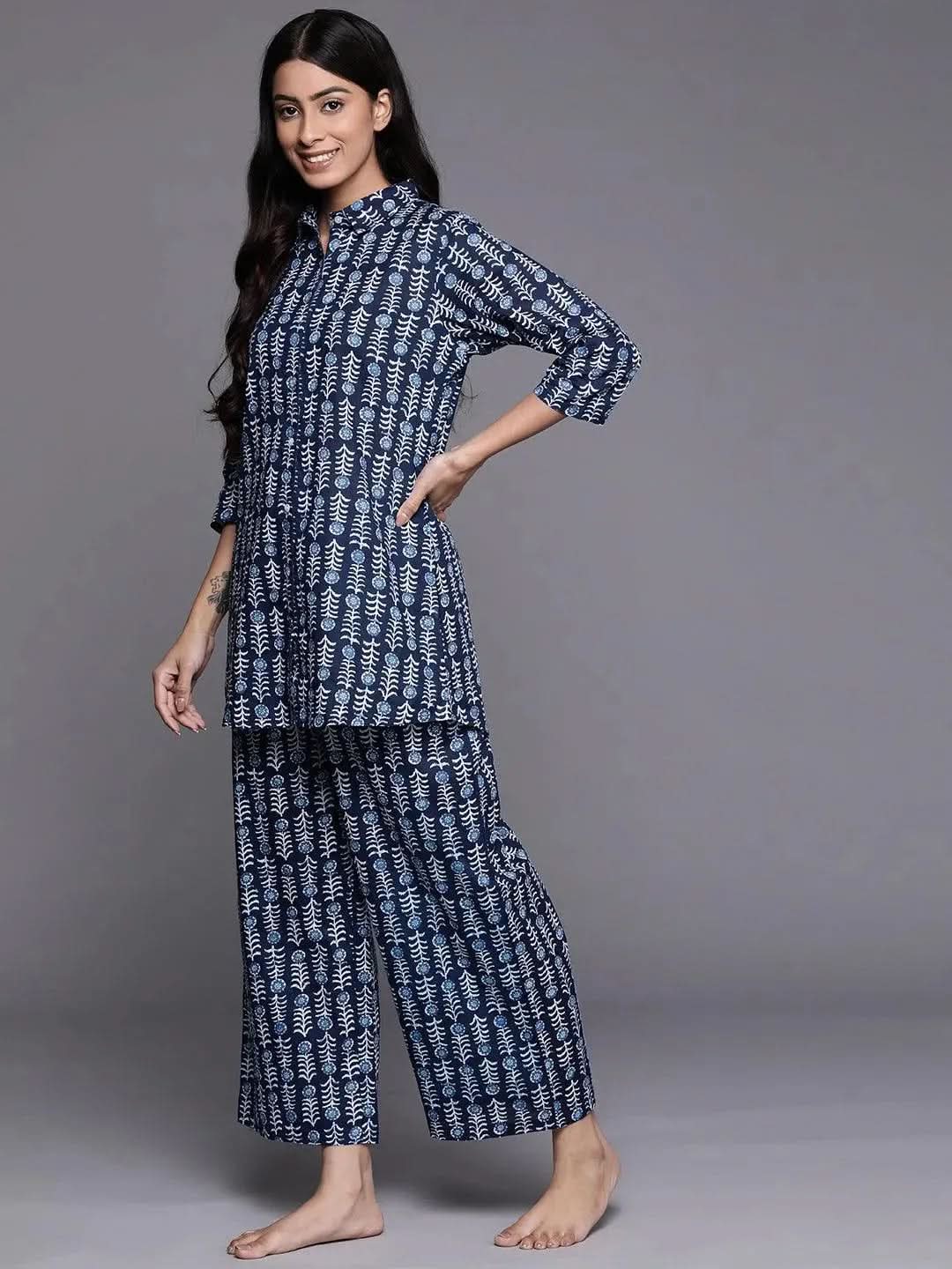 Navy Blue Printed Cotton Night Suit - Libas 
