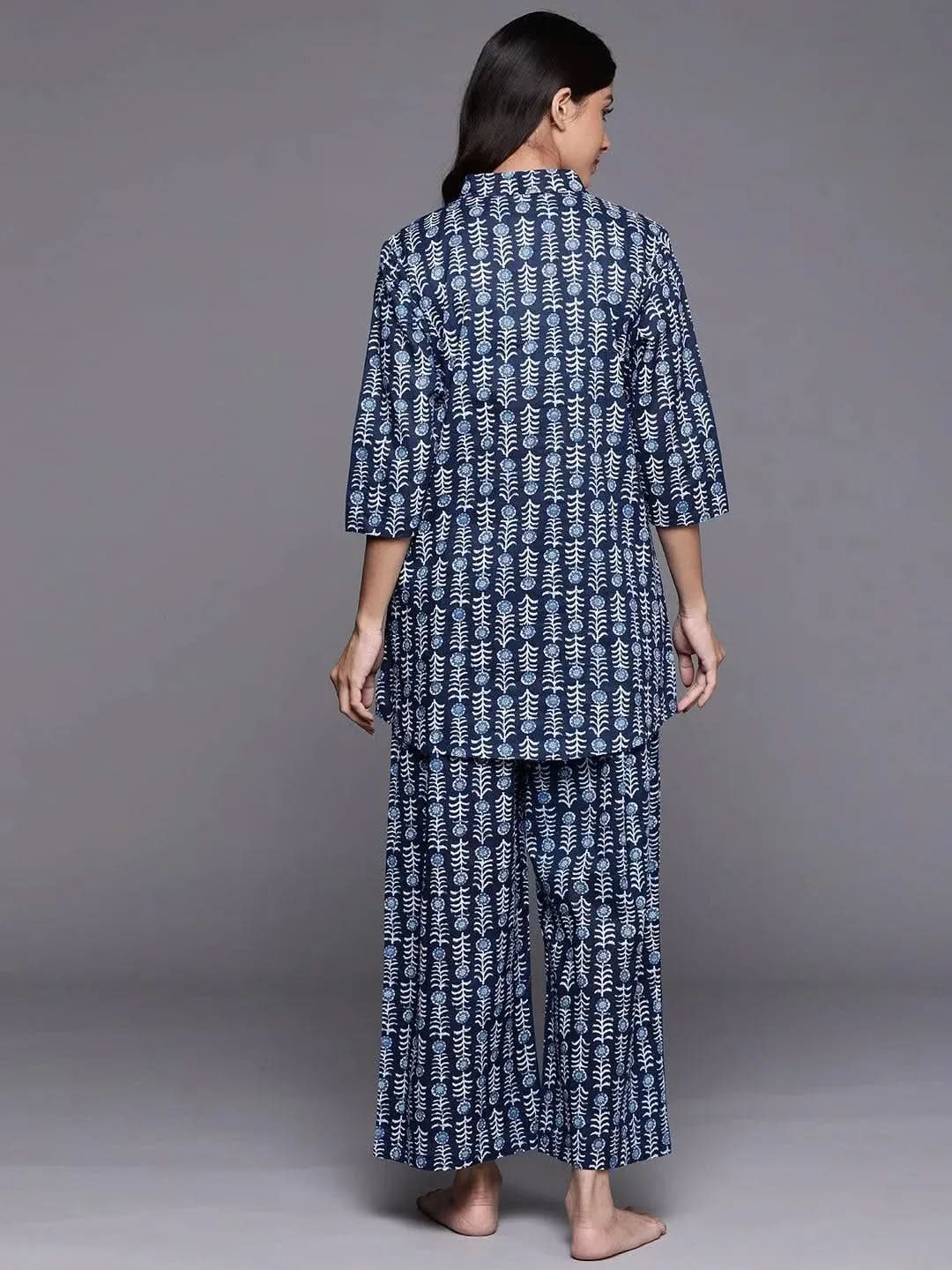 Navy Blue Printed Cotton Night Suit - Libas 