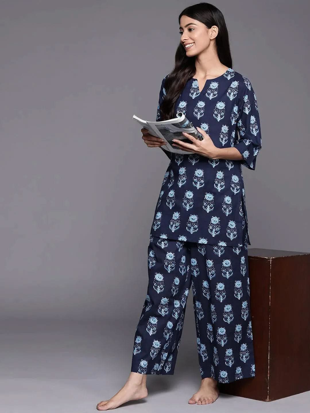 Navy Blue Printed Cotton Night Suit - Libas 