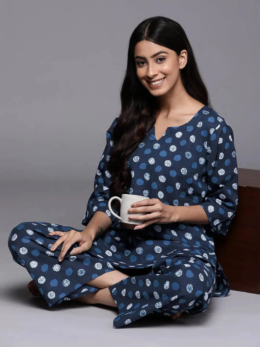 Navy Blue Printed Cotton Night Suit - Libas 