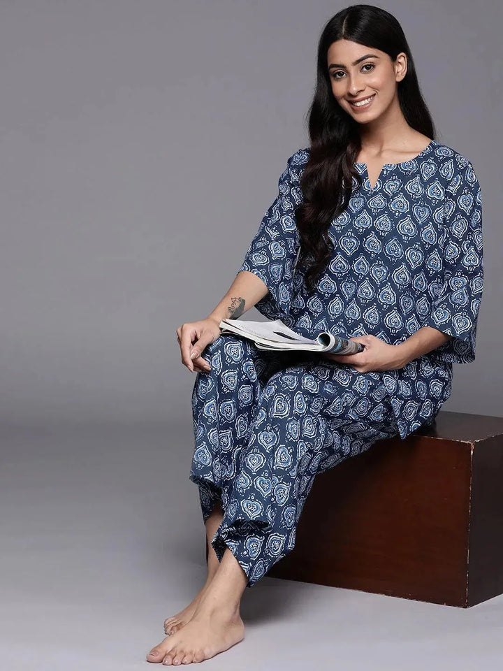 Navy Blue Printed Cotton Night Suit - Libas