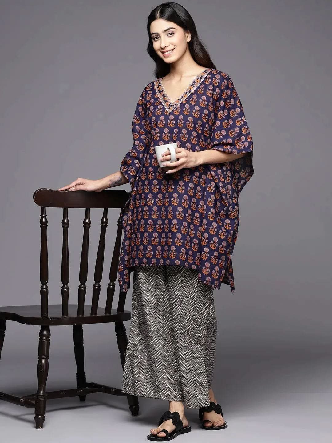 

Navy Blue Printed Cotton Night Suit