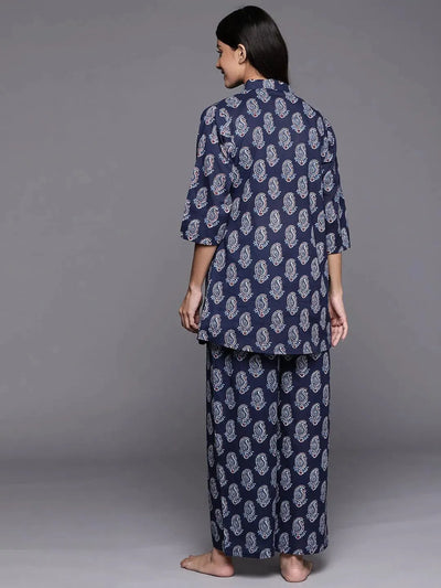 Navy Blue Printed Cotton Night Suit - Libas