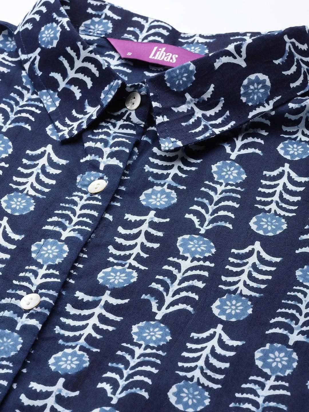 Navy Blue Printed Cotton Night Suit - Libas 
