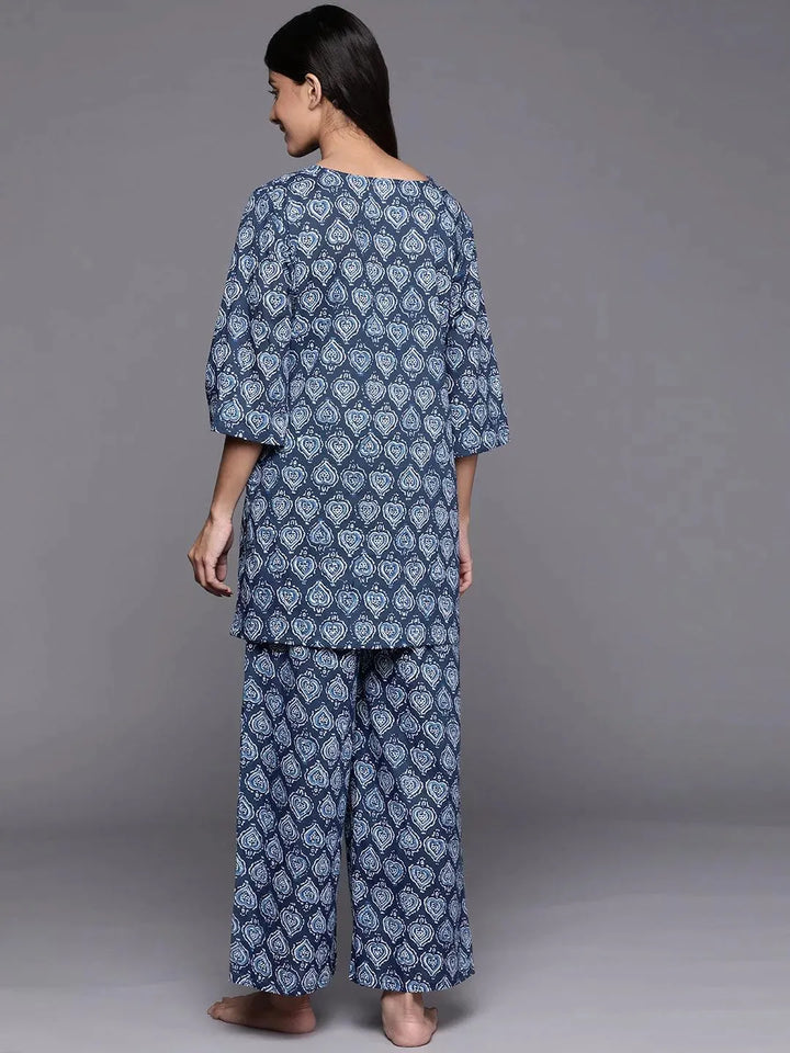 Navy Blue Printed Cotton Night Suit - Libas