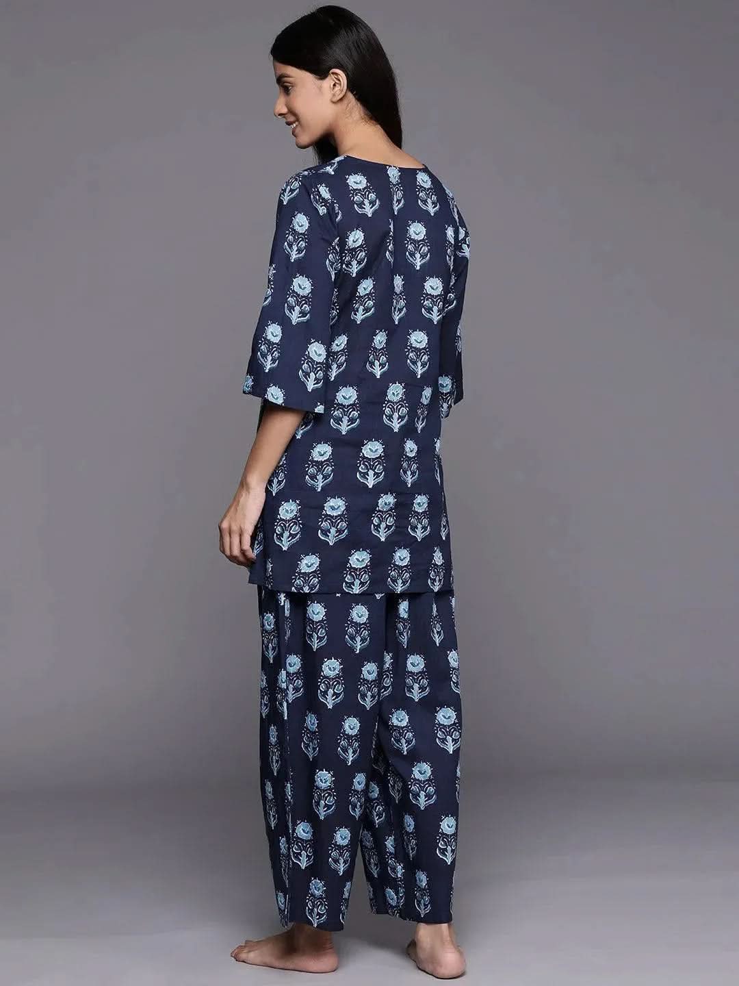 Navy Blue Printed Cotton Night Suit - Libas 