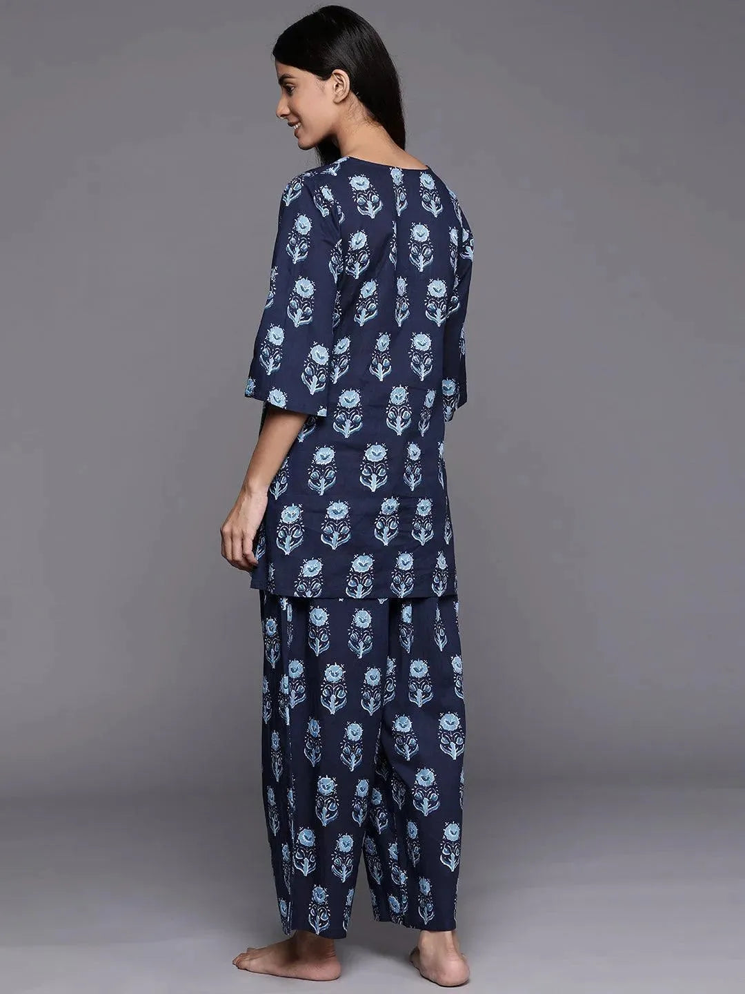 Navy Blue Printed Cotton Night Suit - Libas 