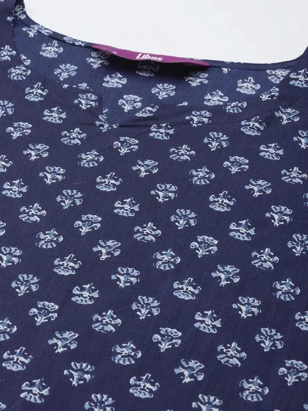 Navy Blue Printed Cotton Night Suit - Libas 