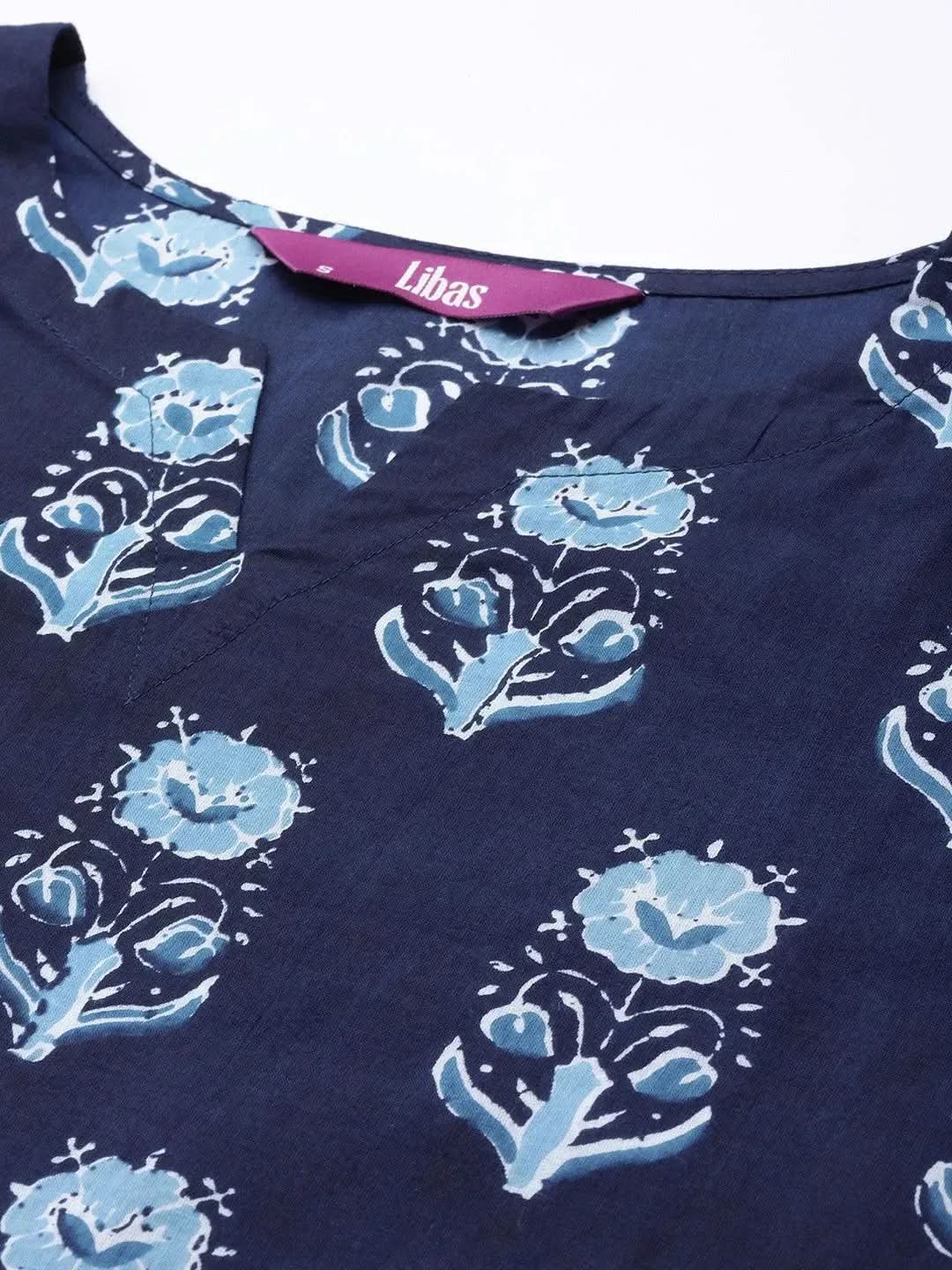 Navy Blue Printed Cotton Night Suit - Libas 