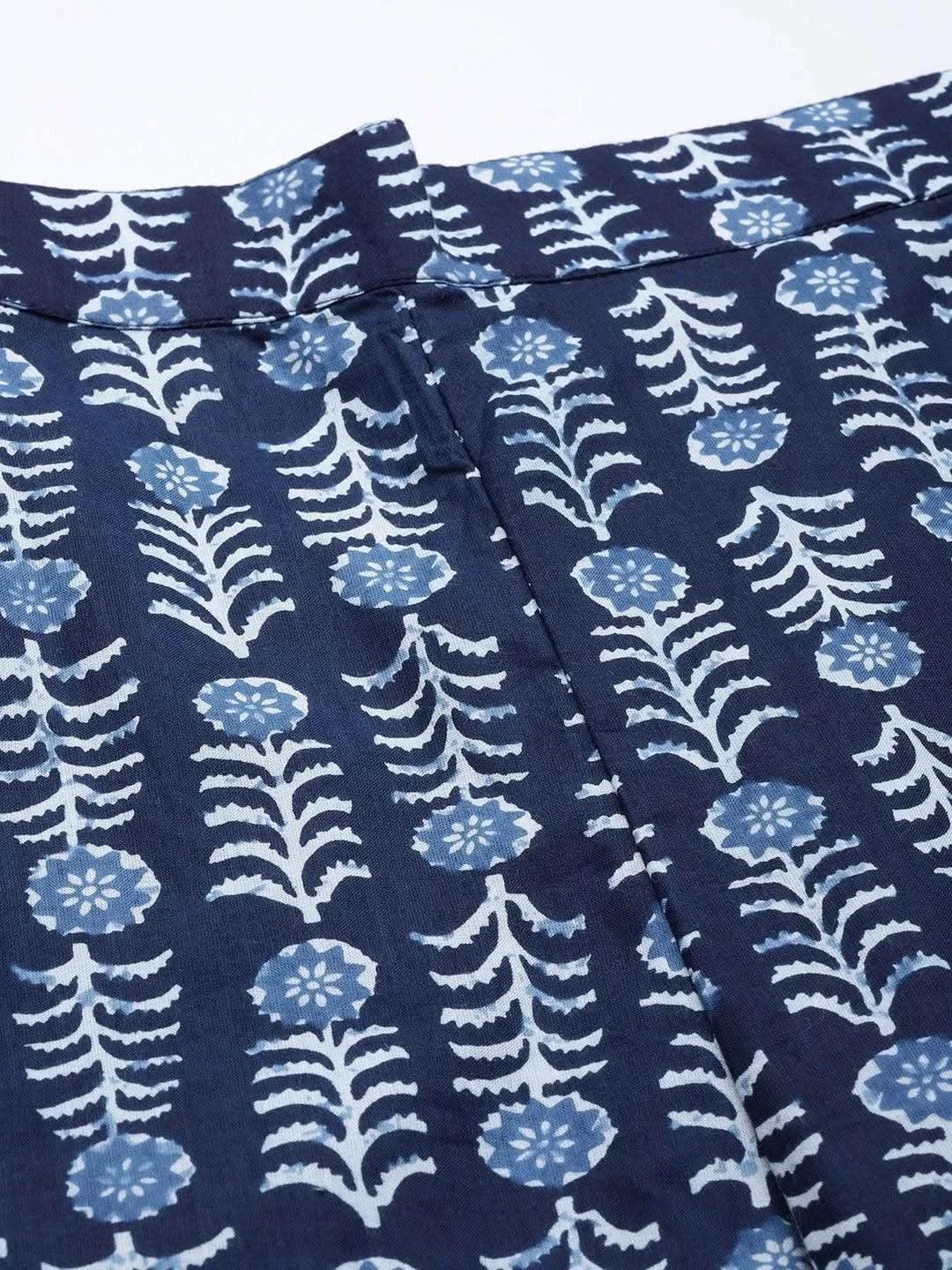 Navy Blue Printed Cotton Night Suit - Libas 