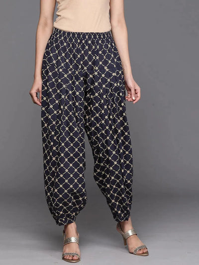 Navy Blue Printed Cotton Salwar Pants - Libas