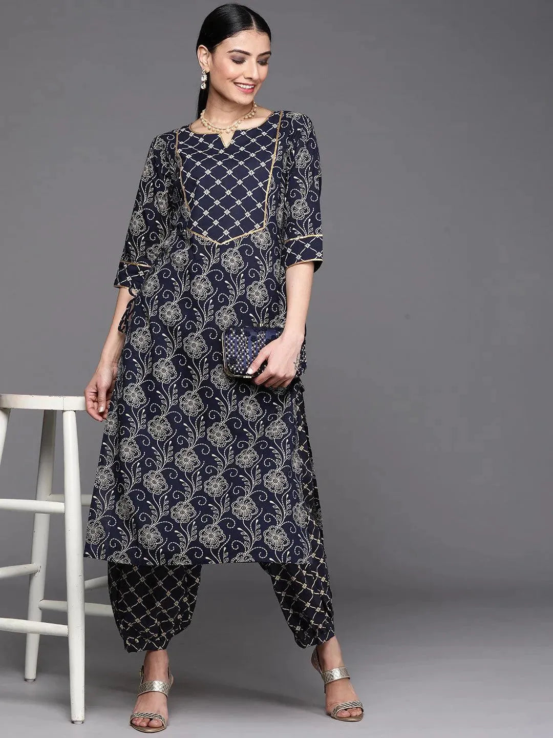 Navy Blue Printed Cotton Salwar Pants - Libas