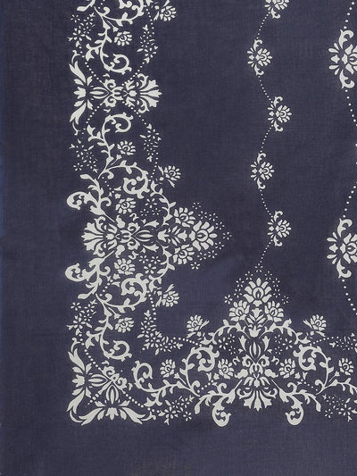 Navy Blue Printed Cotton Saree - Libas