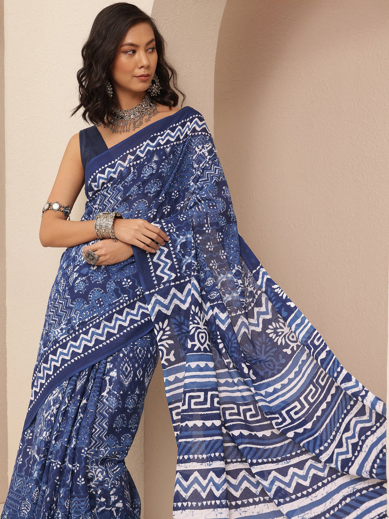 Libas Navy Blue Printed Cotton Saree With Unstitched Blouse Piece