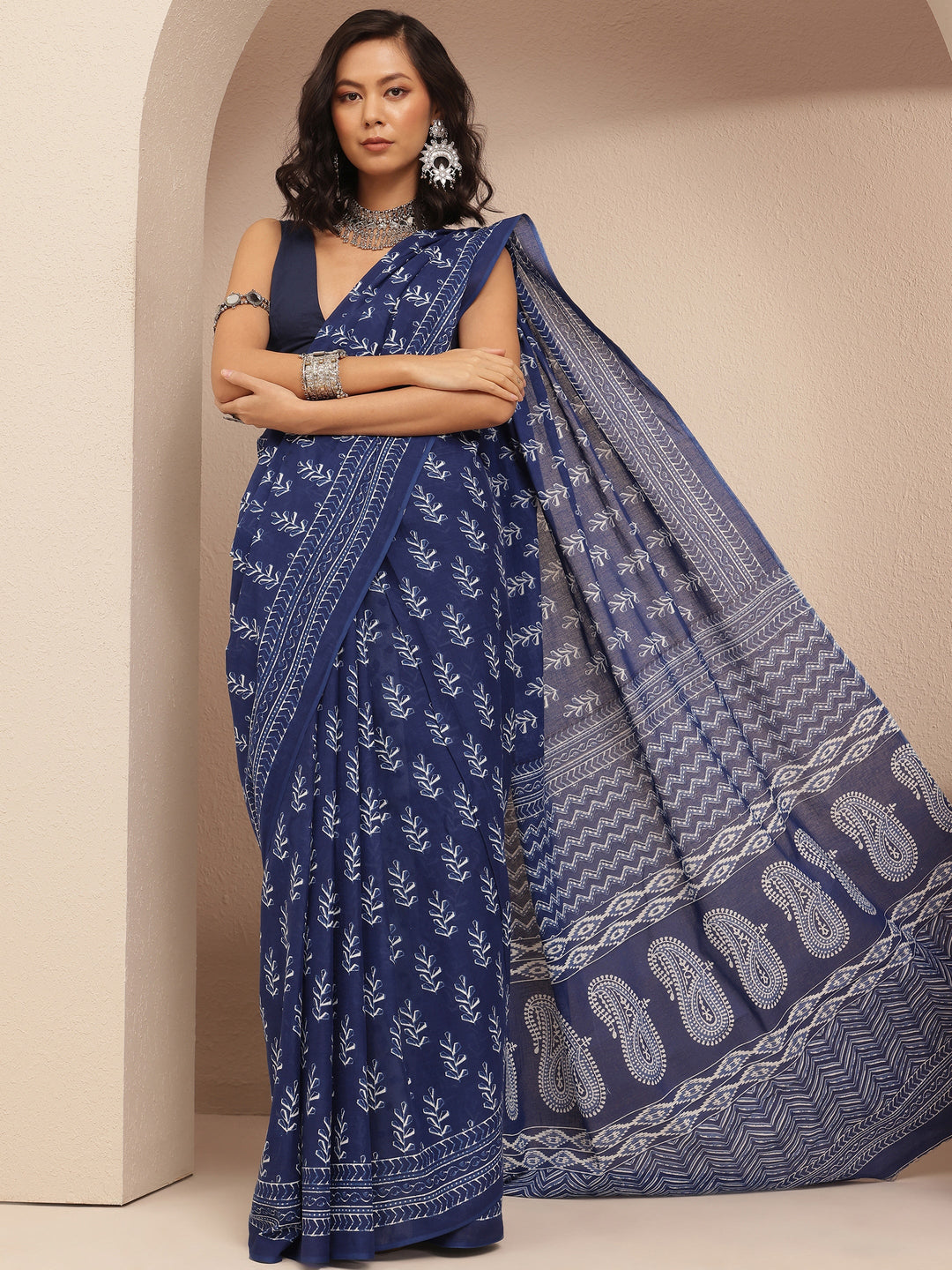  Navy Blue Printed Cotton Saree With Unstitched Blouse Piece 