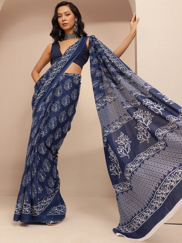Libas Navy Blue Printed Cotton Saree With Unstitched Blouse Piece