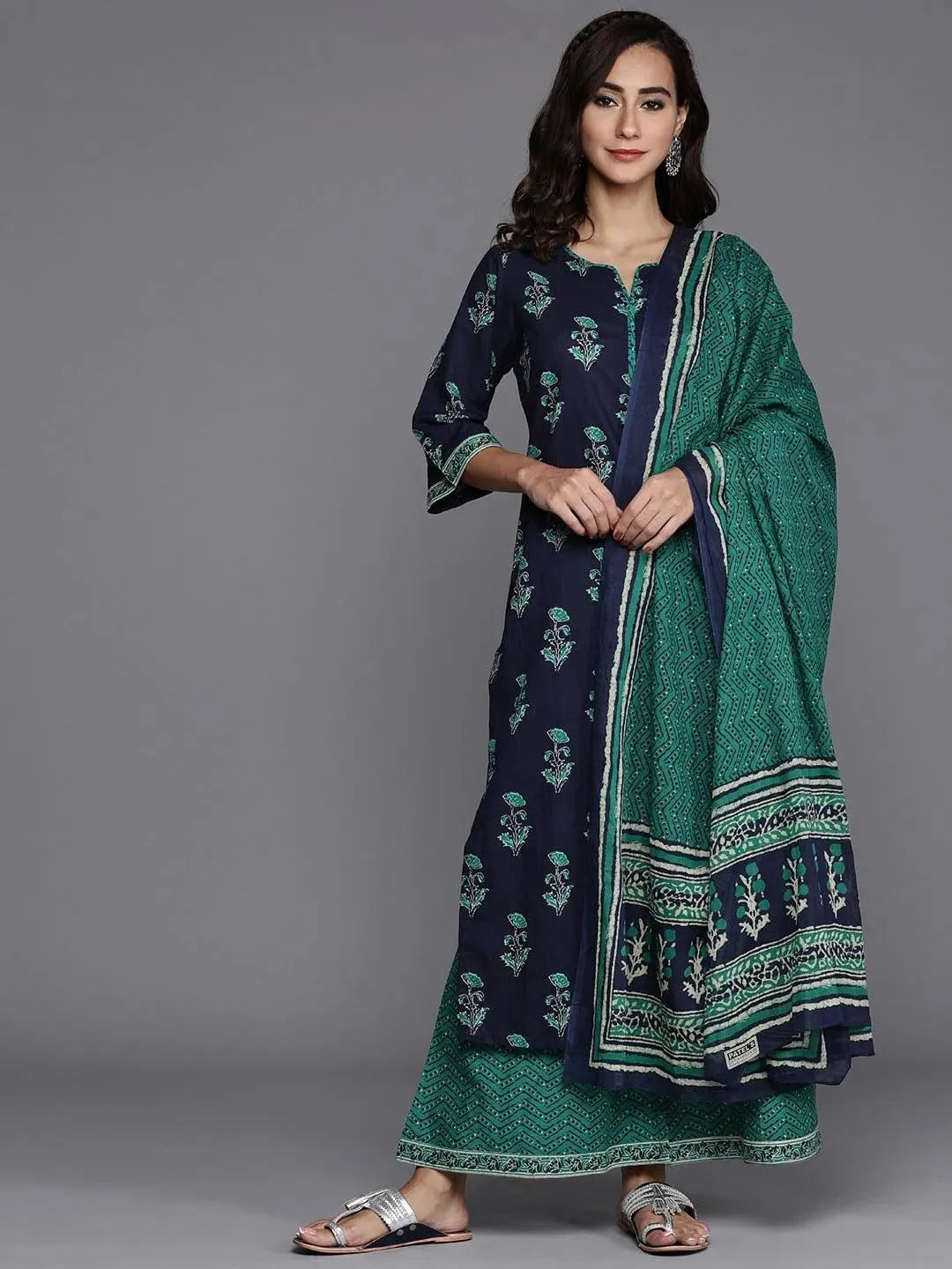 Navy Blue Printed Cotton Suit Set - Libas