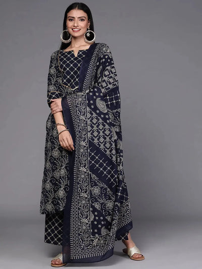 Navy Blue Printed Cotton Suit Set - Libas