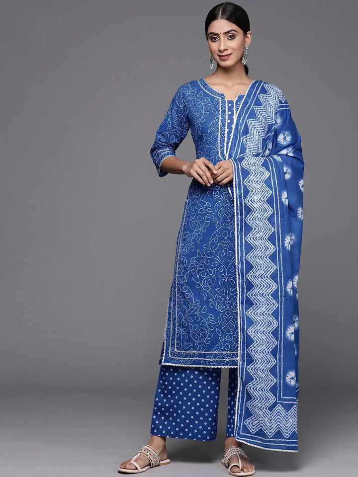 Navy Blue Printed Cotton Straight Kurta With Palazzos & Dupatta - Libas