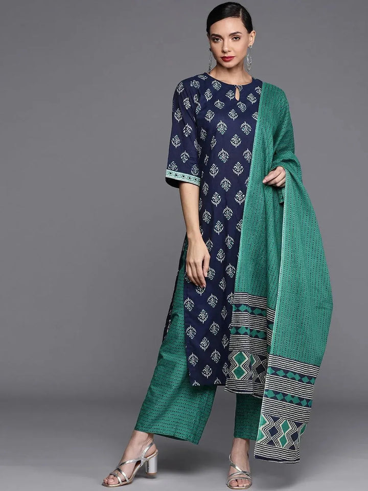 Navy Blue Printed Cotton Suit Set - Libas