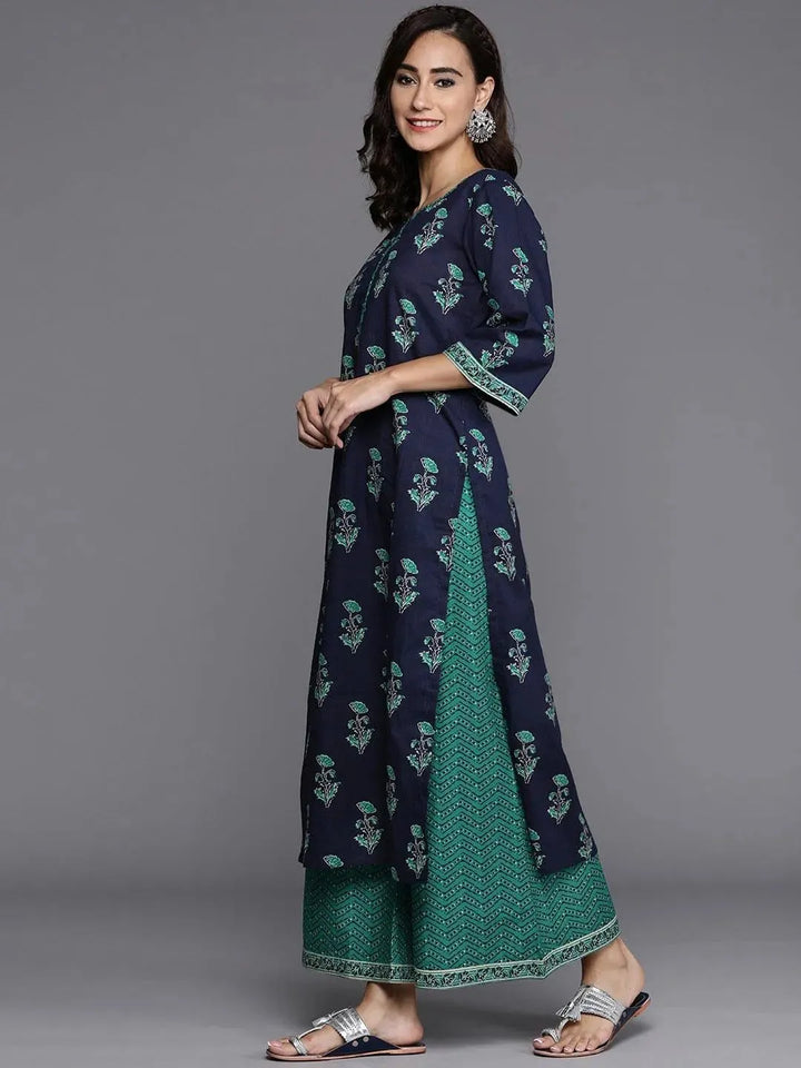 Navy Blue Printed Cotton Suit Set - Libas