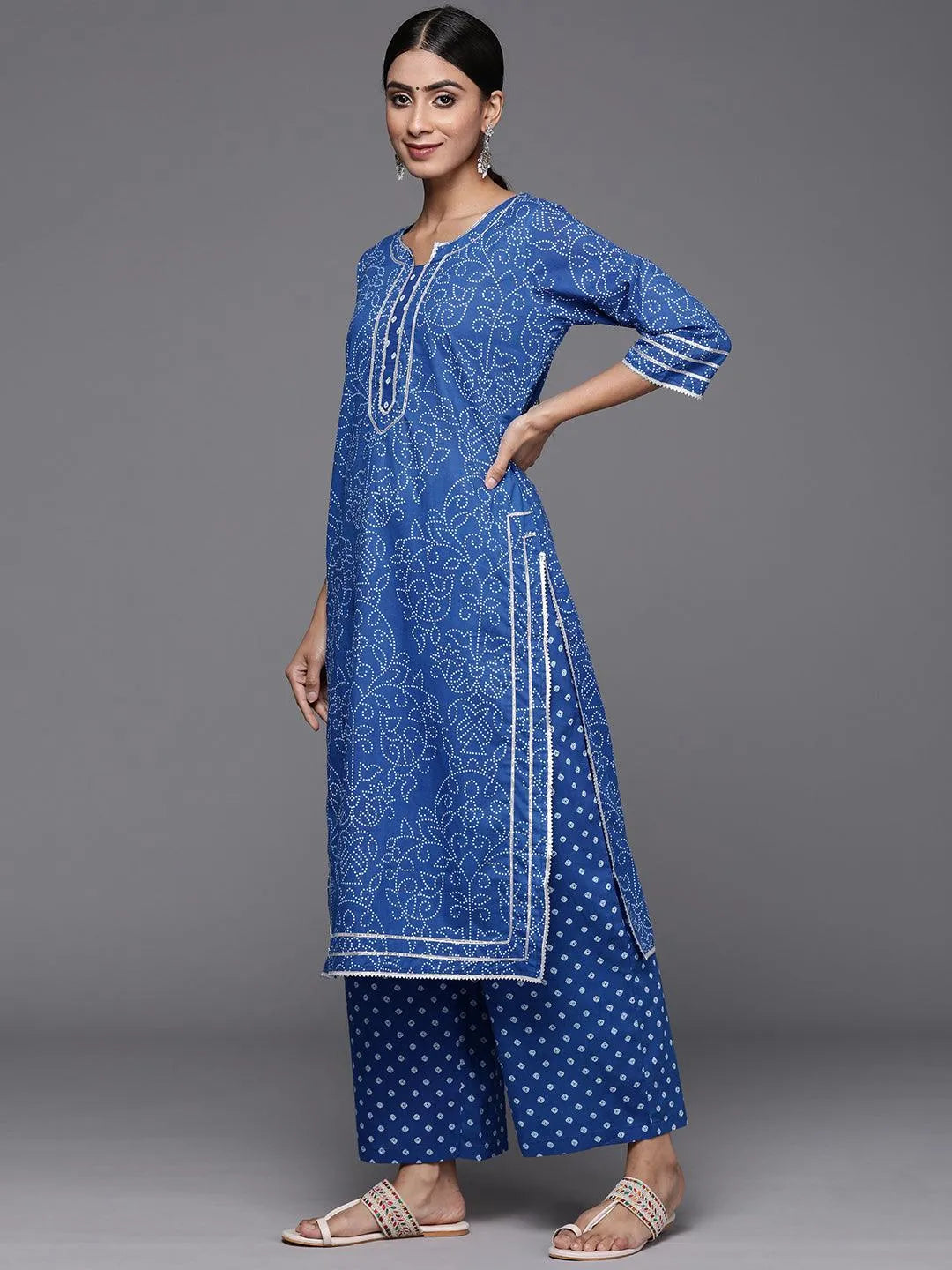 Navy Blue Printed Cotton Straight Kurta With Palazzos & Dupatta - Libas 