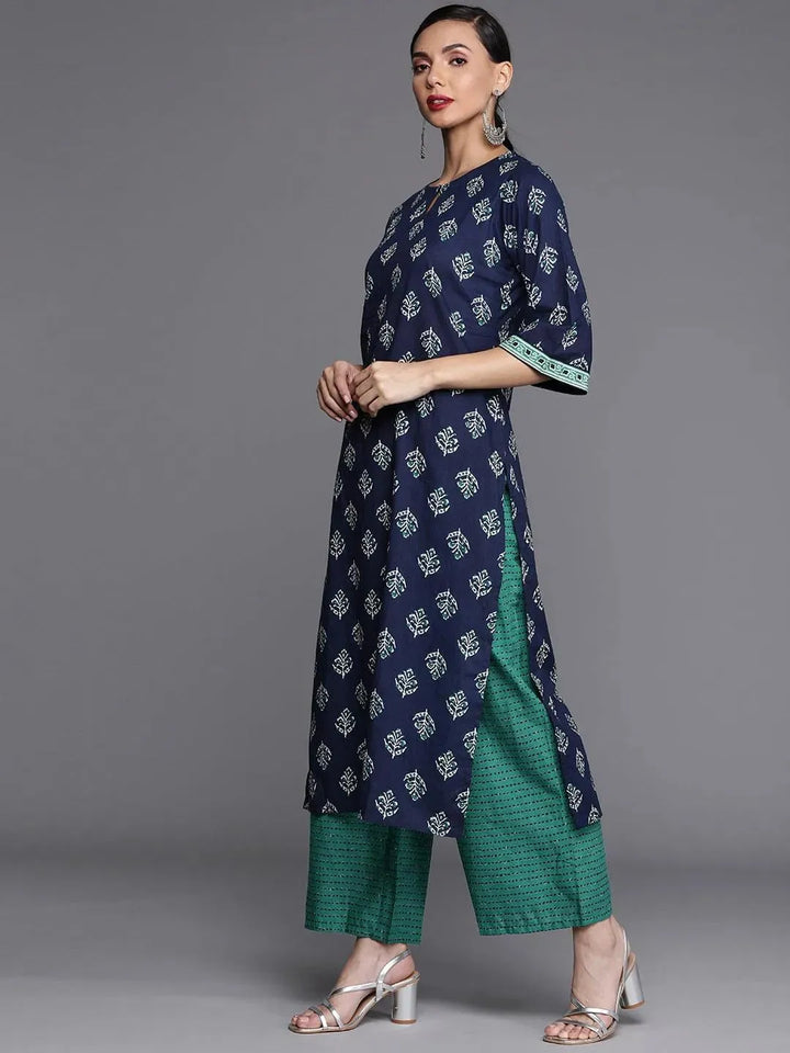 Navy Blue Printed Cotton Suit Set - Libas