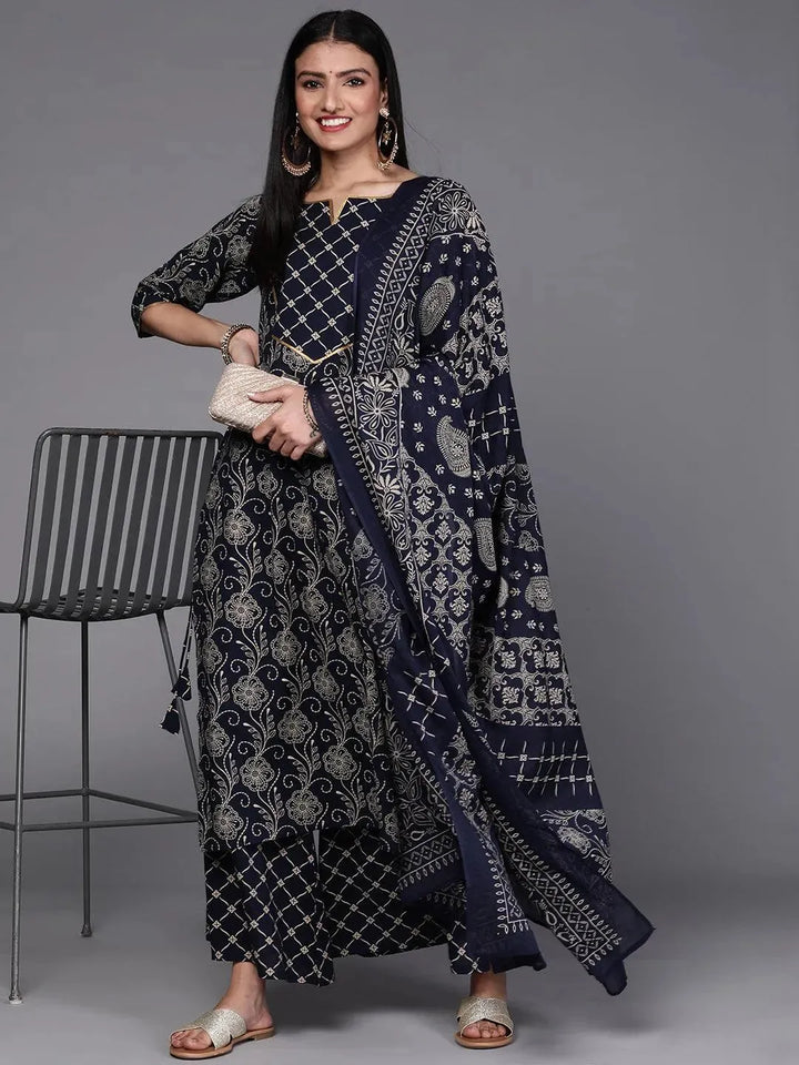 Navy Blue Printed Cotton Suit Set - Libas