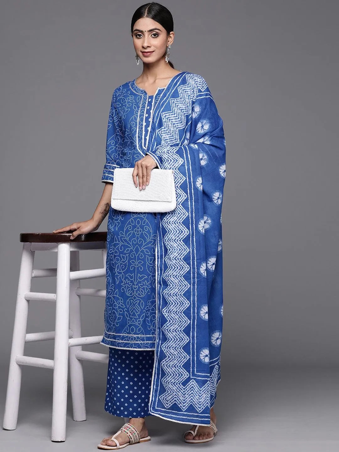 Navy Blue Printed Cotton Straight Kurta With Palazzos & Dupatta - Libas 