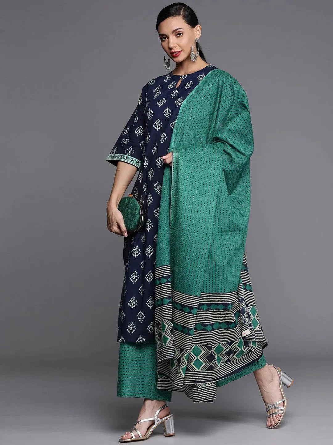 Navy Blue Printed Cotton Suit Set - Libas