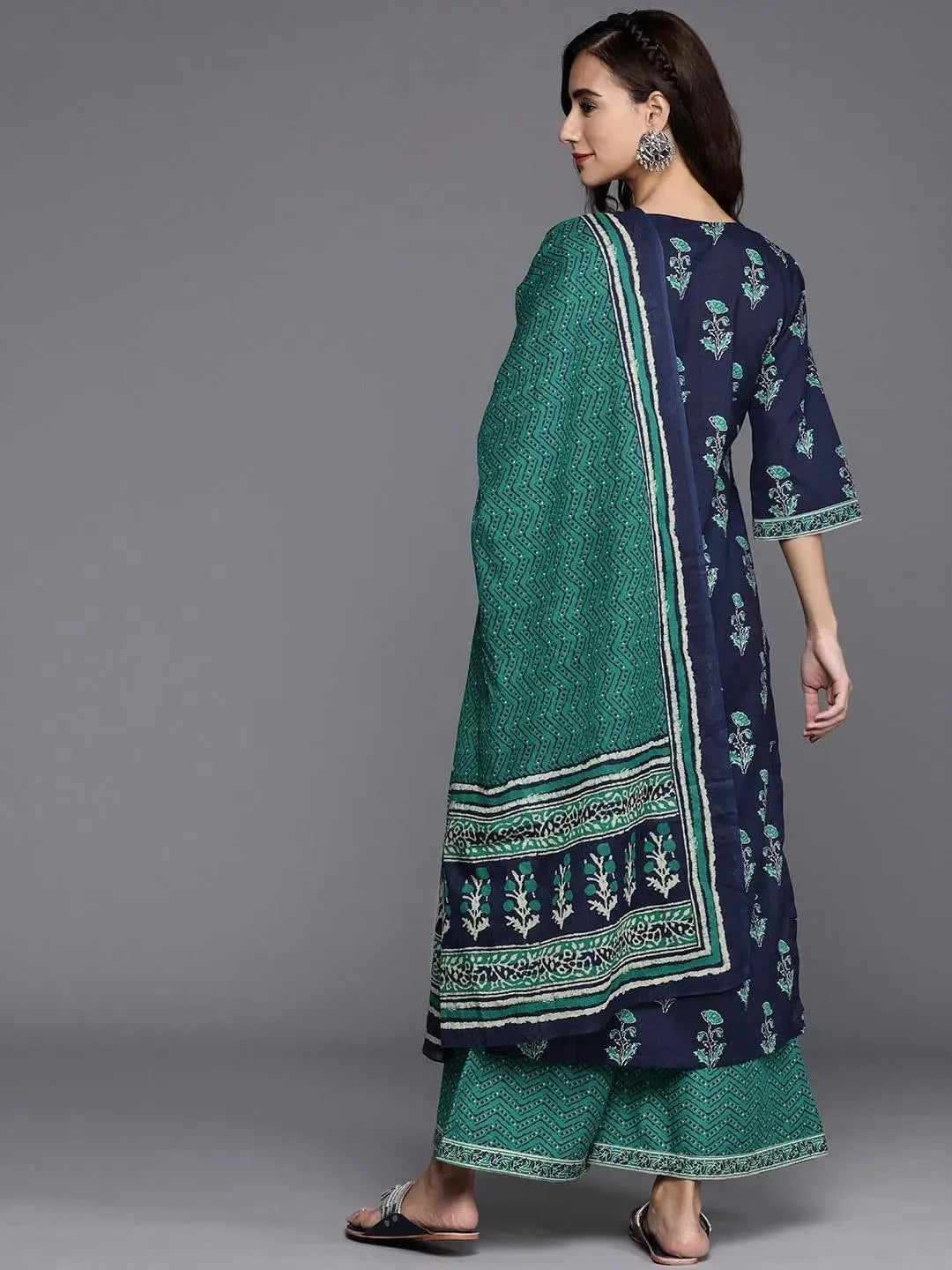 Navy Blue Printed Cotton Suit Set - Libas 