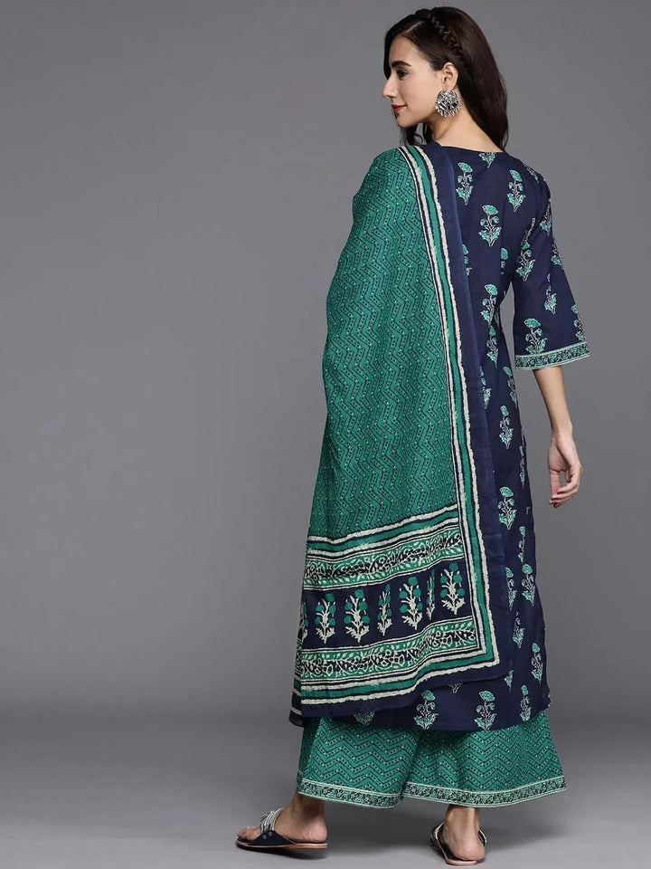Navy Blue Printed Cotton Suit Set - Libas