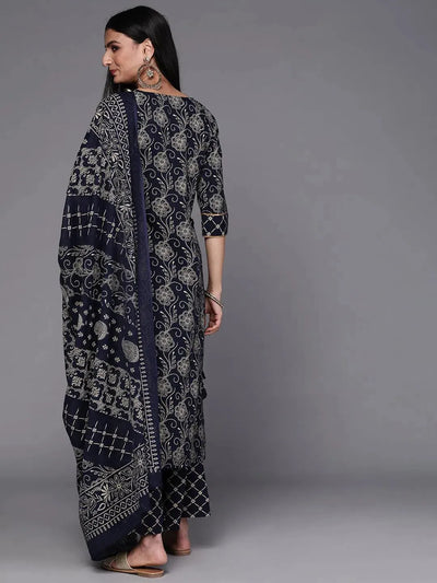 Navy Blue Printed Cotton Suit Set - Libas