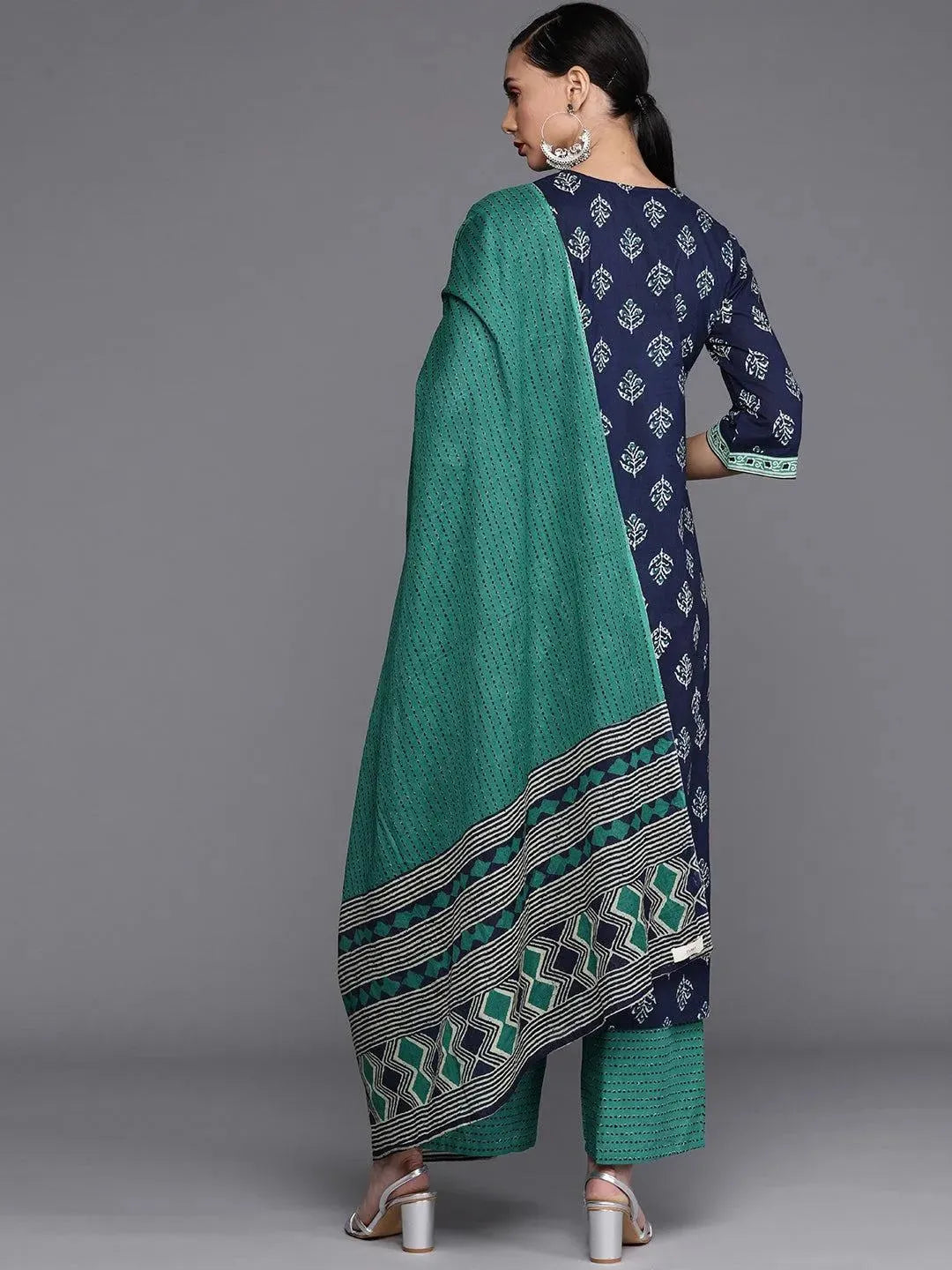 Navy Blue Printed Cotton Suit Set - Libas 