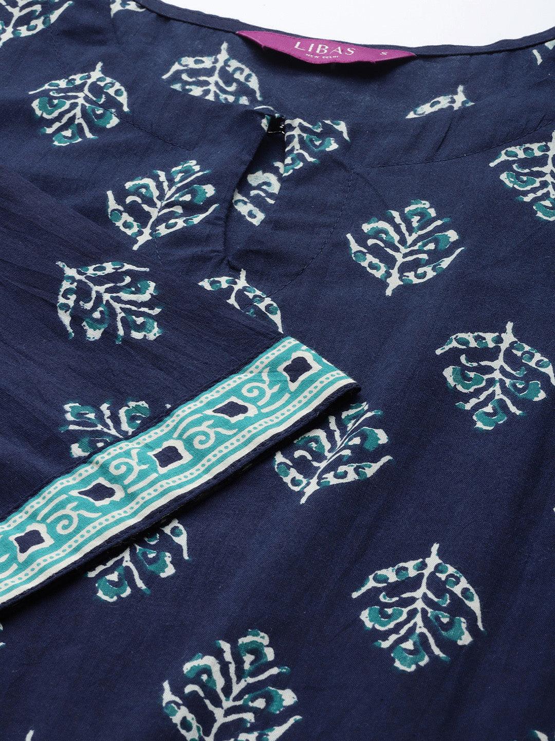Navy Blue Printed Cotton Straight Kurta With Palazzos & Dupatta