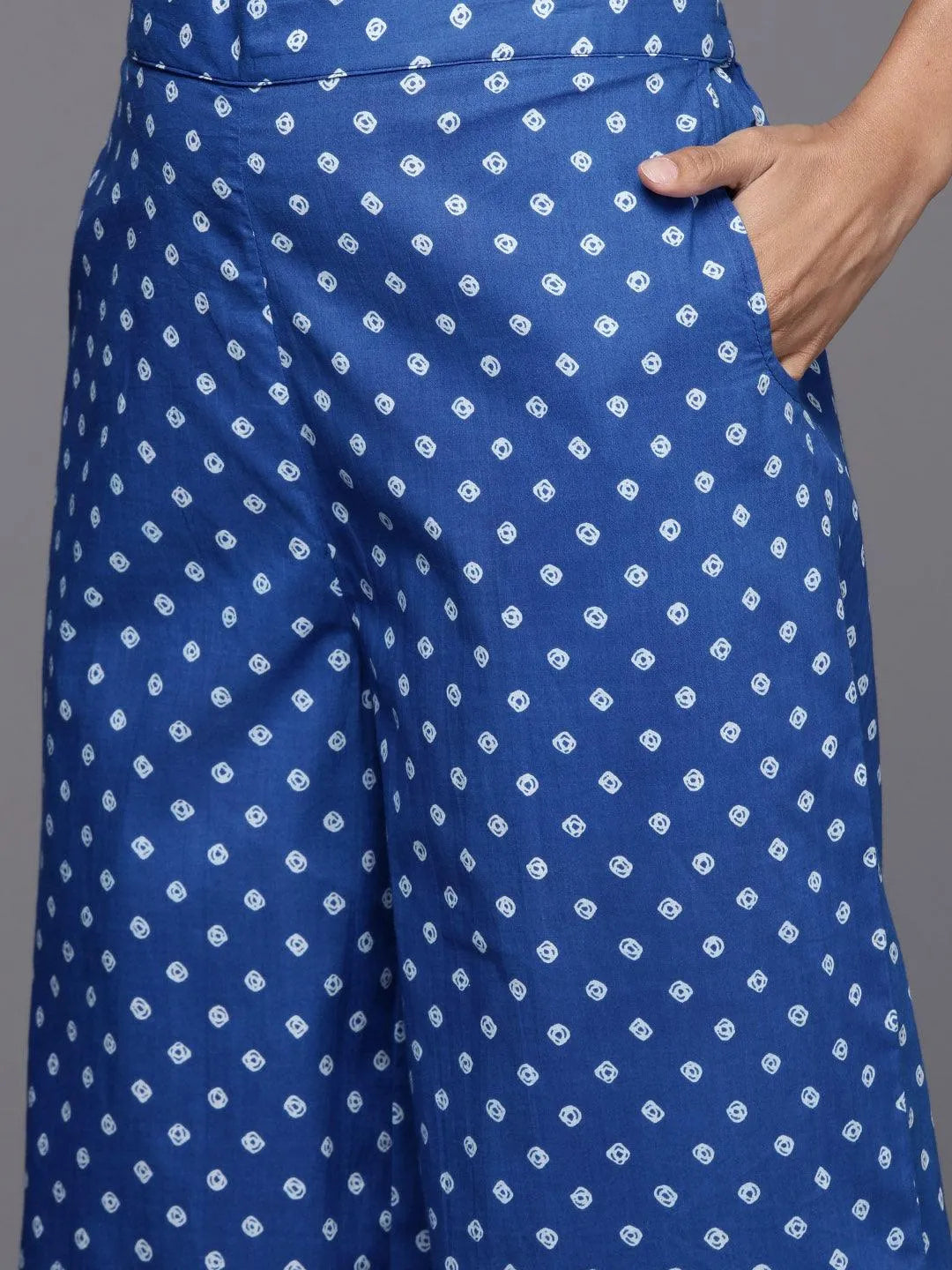 Navy Blue Printed Cotton Straight Kurta With Palazzos & Dupatta - Libas 
