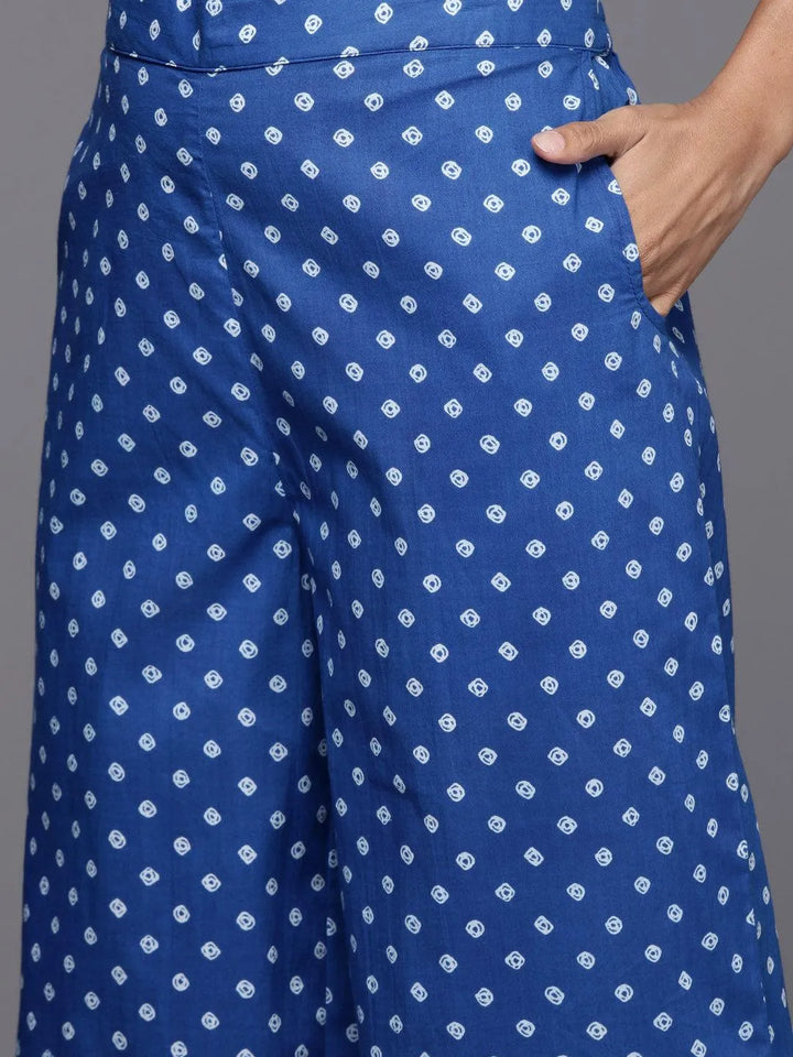 Navy Blue Printed Cotton Straight Kurta With Palazzos & Dupatta - Libas