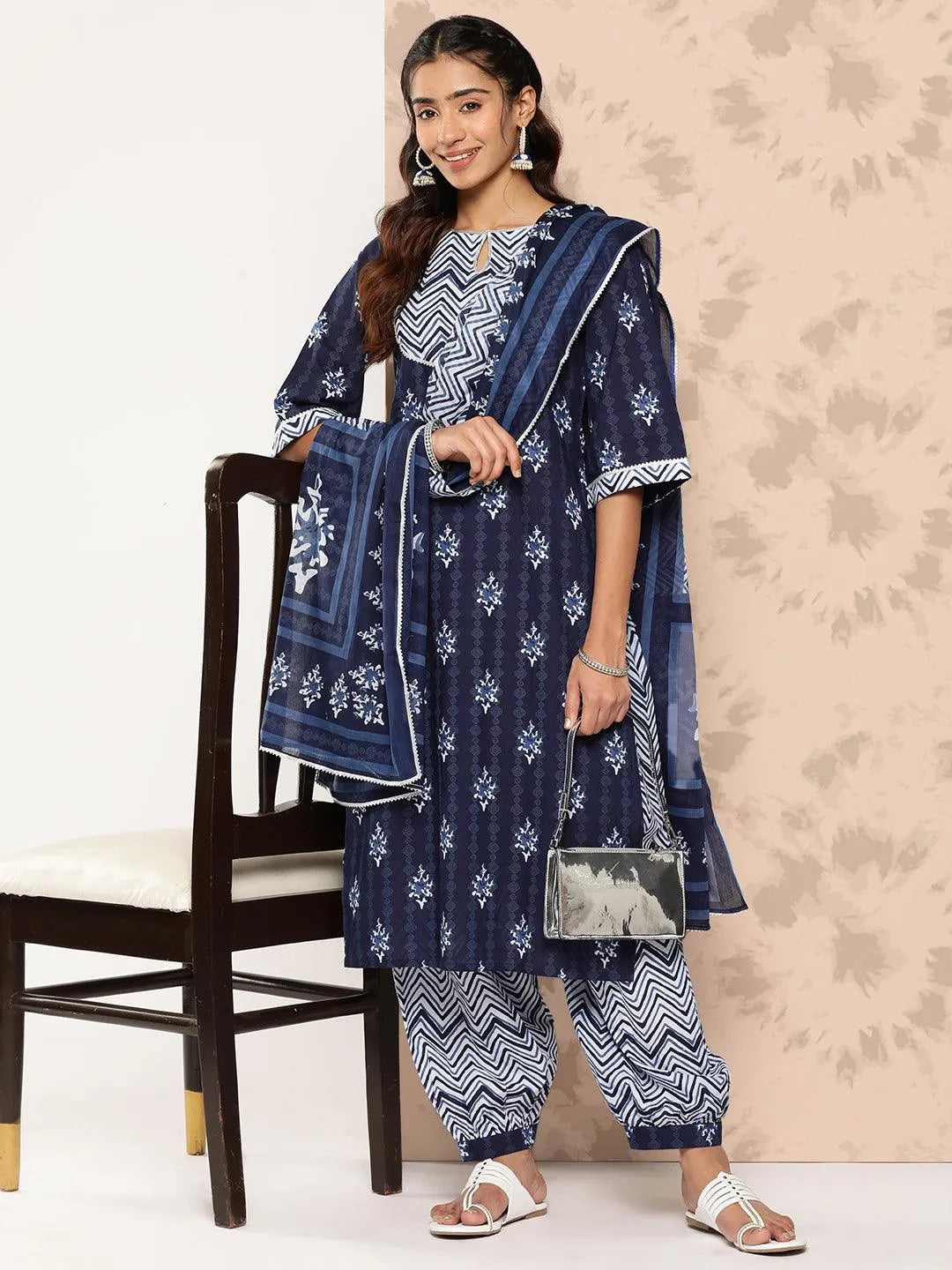Navy Blue Printed Cotton Straight Kurta With Salwar & Dupatta - Libas 
