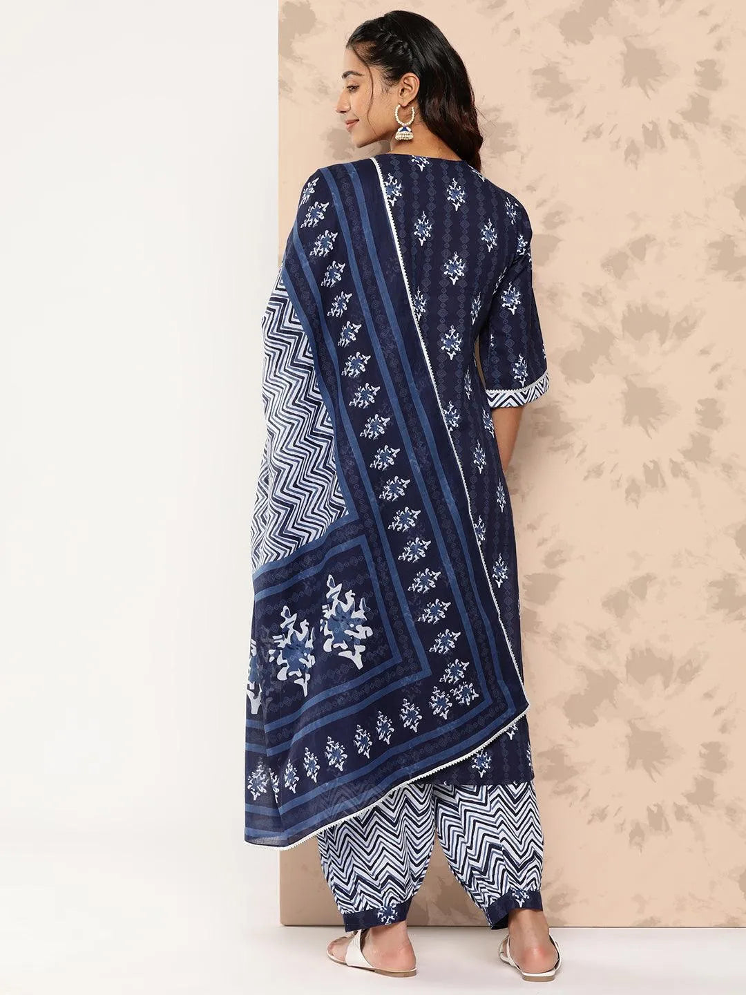 Navy Blue Printed Cotton Straight Kurta With Salwar & Dupatta - Libas 
