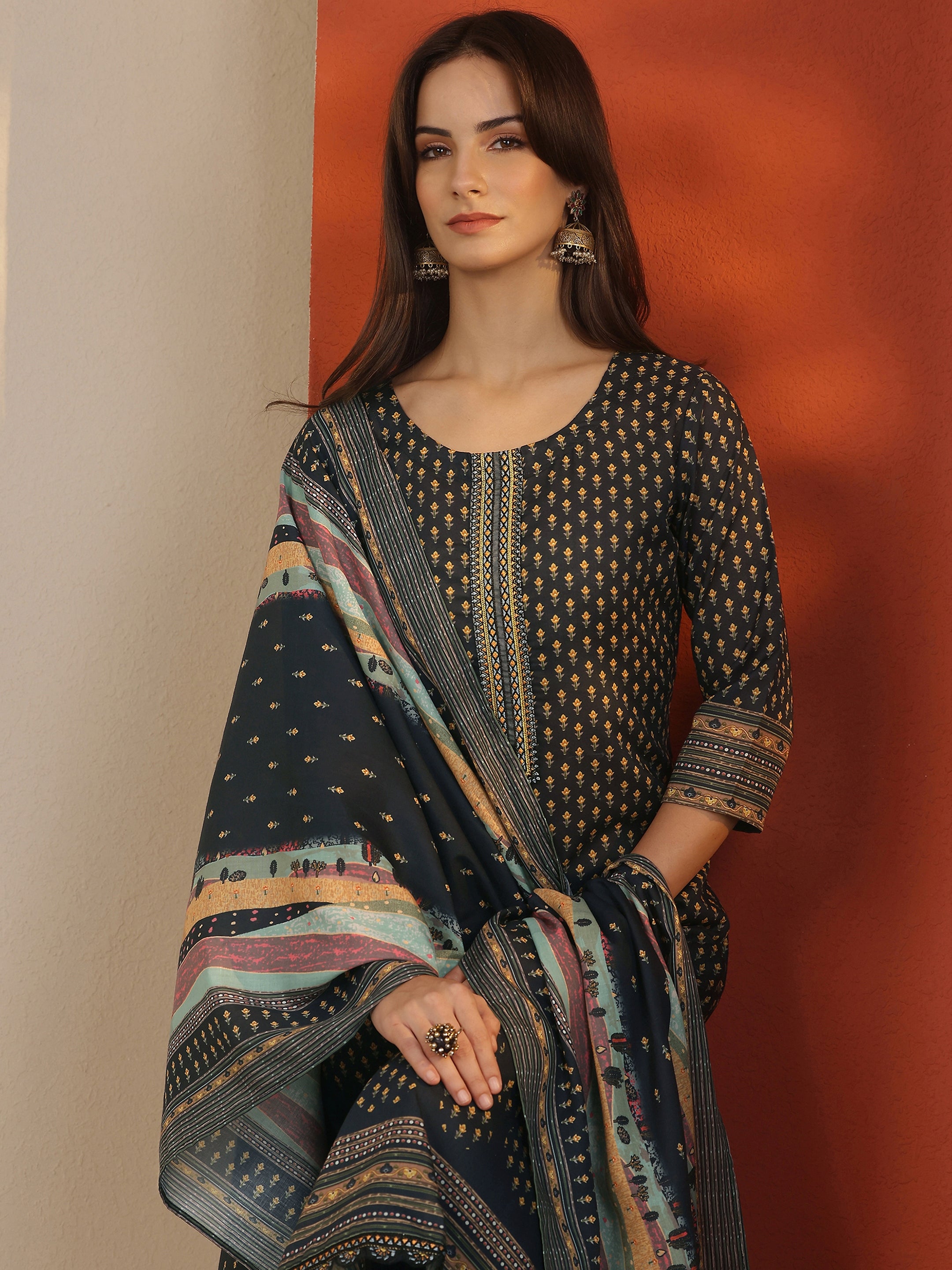 Navy Blue Printed Cotton Straight Suit Set With Dupatta-image-19